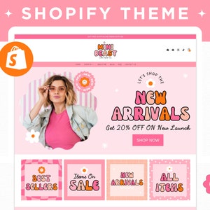 Retro Shopify Theme Template, Customizable Shopify Banners Canva, Pink Orange Shopify 2.0 Website Template, Bright Shopify Boutique Store