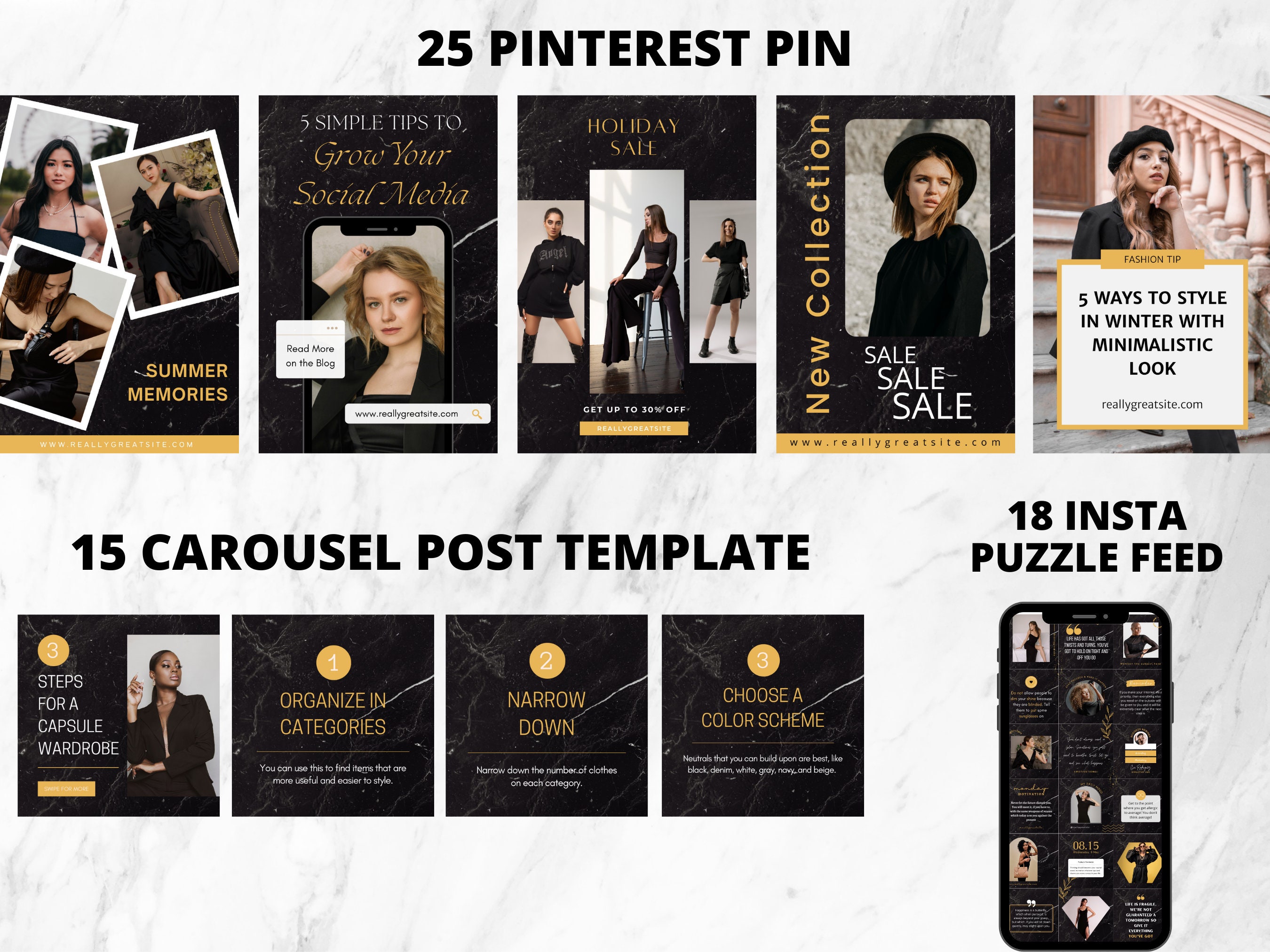Black and Gold Instagram Template Pack, Luxury Social Media Template ...