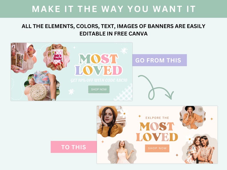 Tema Pastel para Shopify, plantilla de sitio web de comercio electrónico de moda arcoíris, banners editables en Canva imagen 7