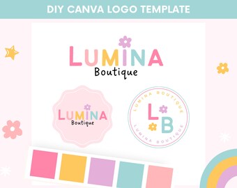 Könnte beinhalten: DIY Canva-Logo-Vorlage für eine Boutique namens "Lumina Boutique". Das Logo zeigt ein Farbschema in Pink, Gelb, Blau und Lila mit einem Blumendesign. Die Vorlage enthält drei verschiedene Logo-Varianten und eine Farbpalette.