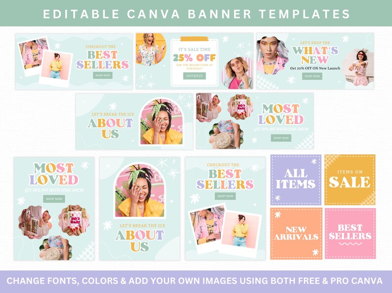 Tema Pastel para Shopify, plantilla de sitio web de comercio electrónico de moda arcoíris, banners editables en Canva imagen 6