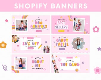 May include: Four pink and white banner designs with colorful text and images. The banners advertise new arrivals, best sellers, a 25% off sale, a candy pastel collection, a learn more about me section, and a blog.