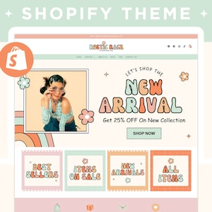 Retro Shopify Theme, Groovy Shopify Template, Shopify Banner Canva Template, Customizable Pastel Shopify Boutique Ecommerce Website Design