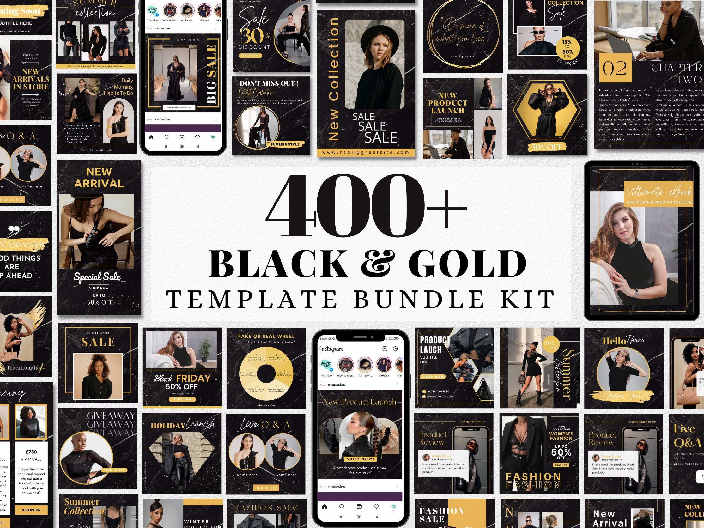 Black & Gold Instagram Template Bundle Canva, Luxury Social Media Kit ...