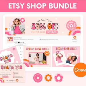 Retro Etsy Shop Bundle, Etsy Store Banner Templates, Etsy Listing Template Canva, Groovy Etsy Seller Branding Kit, Pink Etsy Shop Branding