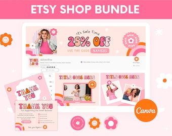 Retro Etsy Shop Bundle, Etsy Store Banner Templates, Etsy Listing Template Canva, Groovy Etsy Seller Branding Kit, Pink Etsy Shop Branding