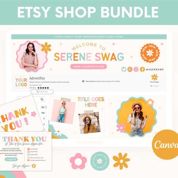 Etsy Shop Bundle, Groovy Etsy Store Banner Templates, Etsy Listing Template Canva, Etsy Seller Branding Kit, Etsy Shop Branding Templates