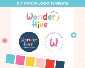 Regenbogen Logo Vorlage Canva, Benutzerdefiniertes Pastell Logo-Design, Buntes Logo Vorlage, DIY Small Business Logo, Kinder Boutique Logo, Verspieltes Logo