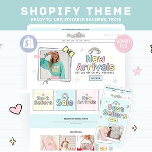 Tema Shopify pastello, modello di sito web Shopify personalizzabile per boutique, banner Shopify giocosi su Canva, design di negozio e-commerce Shopify per la moda