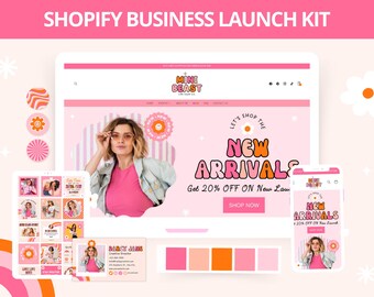 Shopify Business Launch Kit, Pink Shopify Website Template Boutique, Pastel Shopify Theme, Customizable Ecommerce Shop Canva Banners