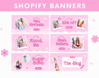 Banners rosas para Shopify en Canva, plantilla editable para banner de tienda de comercio electrónico, diseño pastel para tienda Shopify, banners personalizados para tienda Shopify en Canva