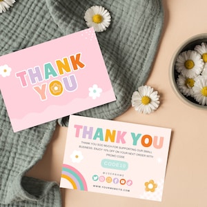 Kleurrijke bedankkaartsjabloon canva, bewerkbare bestelnotitie, roze groovy kleine bedrijven brandingsjabloonkit, regenboog aankoop invoegen notitie