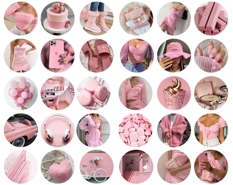 May include: A collection of pink aesthetic images featuring a variety of items, including a pink cake, a pink phone case, a pink car, a pink sweater, a pink hat, a pink ice cream cone, a pink bicycle, and a pink heart.
