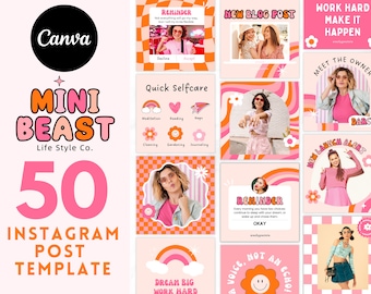 Modelos de postagens retrô para Instagram, Canva, modelos rosa para mídias sociais, pacote de modelos femininos para Instagram, kit de branding para loja boutique editável