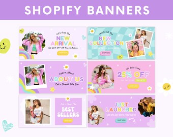 May include: Four colorful banner designs with a rainbow and star theme. Each banner features a different message, such as "New Arrival", "New Collection", "About Us", "Best Sellers", and "Just Launched". Each banner also includes a photo of a woman wearing different outfits.