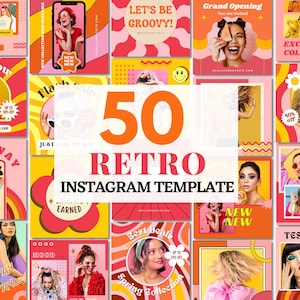 Retro Instagram Post Templates, Groovy Instagram Posts, 70&#39;s Instagram Templates, Bright Feed Branding, Pink Orange Social Media Templates