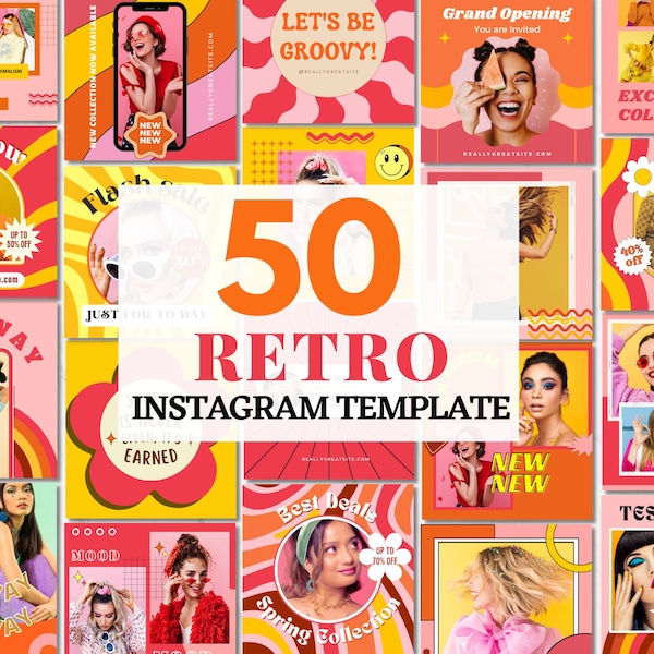 Retro Instagram Post Templates, Groovy Instagram Posts, 70's Instagram Templates, Bright Feed Branding, Pink Orange Social Media Templates