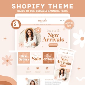 Może przedstawiać: Reklama motywu Shopify z tekstem "Shopify Theme" i "Ready to use, editable banners, texts". Projekt zawiera stronę internetową i wyświetlacz telefonu komórkowego z tekstem "Let's Shop The New Arrivals."