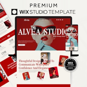 May include: A website template design for Alvéa Studio, displayed on a desktop computer, tablet, and smartphone. The design features a red and white colour scheme with the text "ALVEA STUDIO" and "PREMIUM WIX STUDIO TEMPLATE". The design also includes images of people.