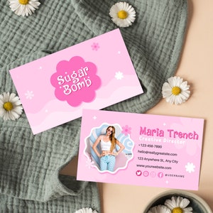 Plantilla de tarjeta de presentación rosa, diseño de tarjeta de presentación editable, kit de marca retro para pequeñas empresas, tarjeta de presentación con código QR imprimible brillante Canva