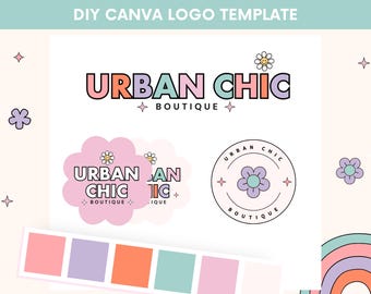 May include: A logo design template for a boutique called "Urban Chic" with a pink, green, and blue color scheme. The logo features a stylized flower with a smiley face and the text "Urban Chic Boutique".