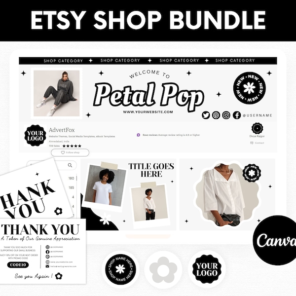 Etsy Shop Bundle, Black & White Etsy Store Banner Templates, Etsy Listing Templates Canva, Etsy Shop Branding Kit, Etsy Seller Template Pack