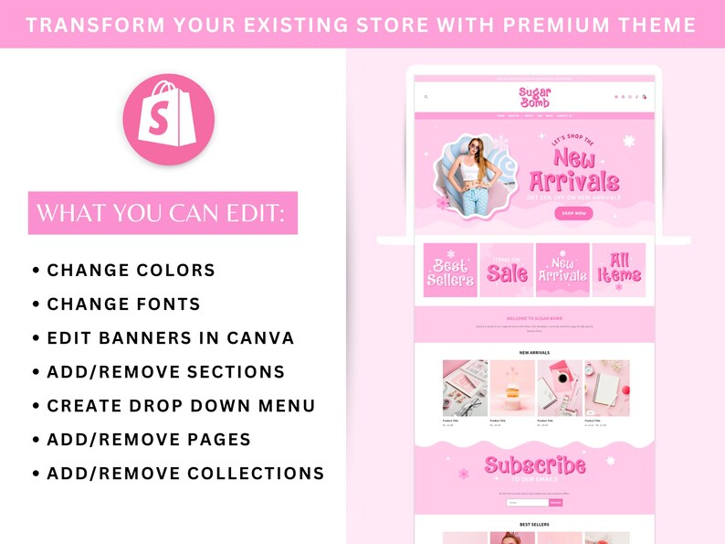 Pink Shopify Theme Boutique, Pastel Ecommerce Store Website Template, Feminine Shopify Banners Canva, Cute Custom Shopify Theme Clothing image 6