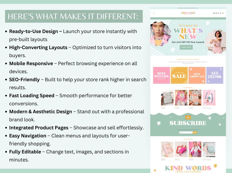 Tema Pastel para Shopify, plantilla de sitio web de comercio electrónico de moda arcoíris, banners editables en Canva imagen 8