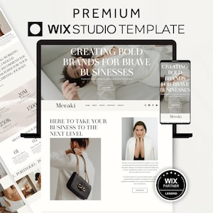 May include: A website template displayed on a laptop, tablet, and phone. The website design features a clean, minimalist aesthetic with a focus on imagery and text. The text reads "Creating Bold Brands for Brave Businesses."