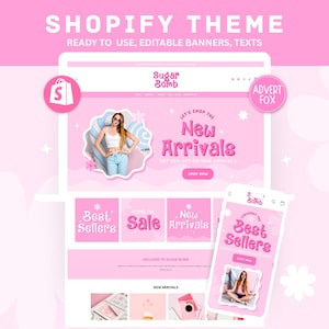 Pink Shopify Theme Boutique, Pastel Ecommerce Store Website Template, Feminine Shopify Banners Canva, Cute Custom Shopify Theme Clothing