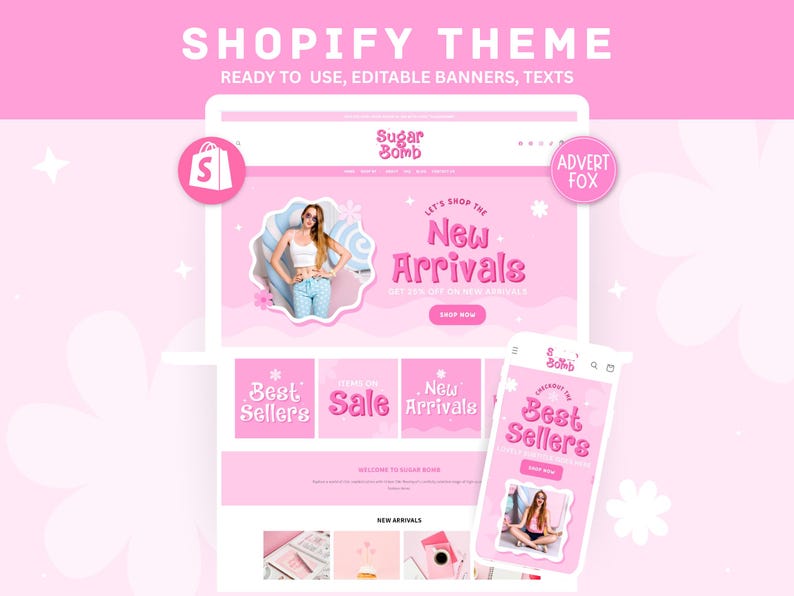 Pink Shopify Theme Boutique, Pastel Ecommerce Store Website Template, Feminine Shopify Banners Canva, Cute Custom Shopify Theme Clothing image 1