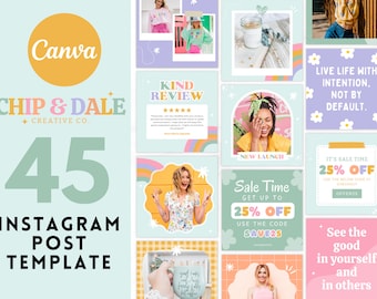 Puede incluir: Una colección de 45 plantillas de publicaciones de Instagram con un esquema de color pastel con arcoíris, flores y estrellas. Las plantillas incluyen texto como "Vive la vida con intención, no por defecto." y "Hora de la venta Obtén hasta un 25% de descuento".