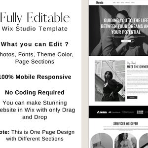 May include: A website template design with the text "Fully Editable Wix Studio Template." The design includes sections for photos, fonts, and theme color. It is 100% mobile responsive and requires no coding. The design also includes the text "Guiding you to the life between your dreams and your potential."