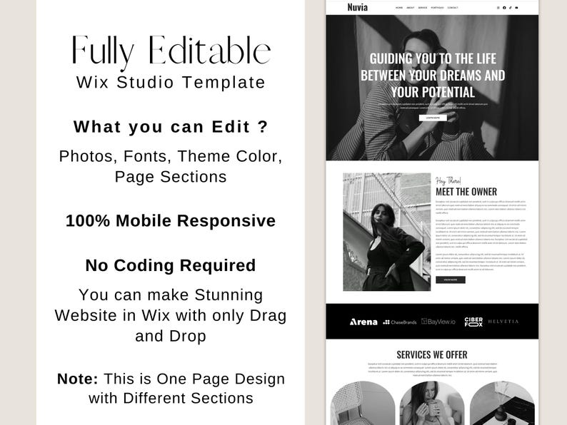 May include: A website template design with the text "Fully Editable Wix Studio Template." The design includes sections for photos, fonts, and theme color. It is 100% mobile responsive and requires no coding. The design also includes the text "Guiding you to the life between your dreams and your potential."