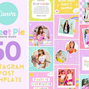 Modelli colorati per post di Instagram su Canva, kit di modelli per social media in colori pastello modificabili, pacchetto di modelli giocosi per il branding del feed Instagram di una boutique.
