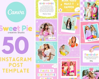 Kolorowe szablony postów na Instagramie Canva, edytowalny zestaw pastelowych szablonów do mediów społecznościowych, zabawny pakiet butikowych szablonów do brandingu kanału na Instagramie