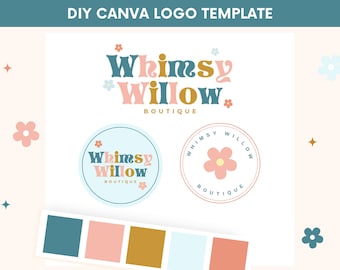 Könnte beinhalten: Eine DIY Canva-Logo-Vorlage für eine Boutique namens "Whimsy Willow". Das Logo zeigt eine verspielte Schriftart und ein Blumendesign. Die Vorlage enthält eine Farbpalette mit Blau, Rosa, Gold und Weiß.