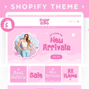 Pink Shopify Theme Template, Customizable Shopify Banners Canva, Retro Shopify 2.0 Website Template, Bright Aesthetic Shopify Boutique Store