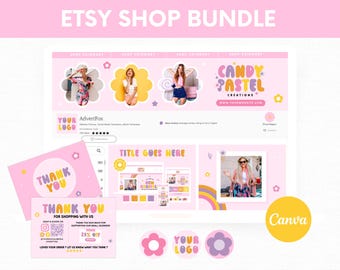 Rosa Etsy-butiks varumärkesbyggande kit, retro Etsy-banner och listmallar Canva, pastellfärgade Etsy-butiksbannermodeller, feminin Etsy-butiksdesignpaket