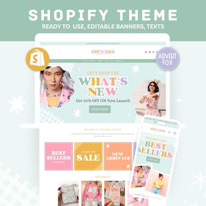 Tema Pastel para Shopify, plantilla de sitio web de comercio electrónico de moda arcoíris, banners editables en Canva imagen 1