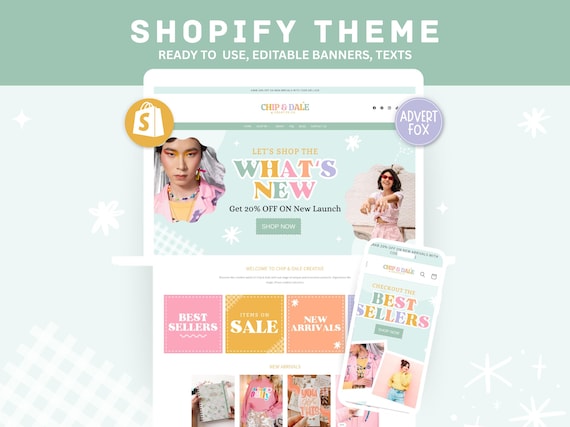 Pastel Shopify Theme, Rainbow Ecommerce Store Design, Boutique Shopify Website Template, Editable Shopify Banners Canva, Clothing Shopify