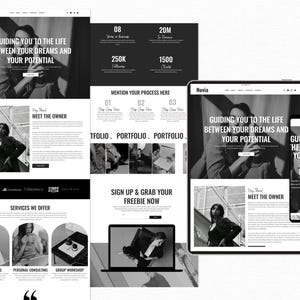 May include: A grayscale image showcasing a website design on various devices. The design features the text "GUIDING YOU TO THE LIFE BETWEEN YOUR DREAMS AND YOUR POTENTIAL." Other elements include portfolio sections, service offerings, and a call to action.