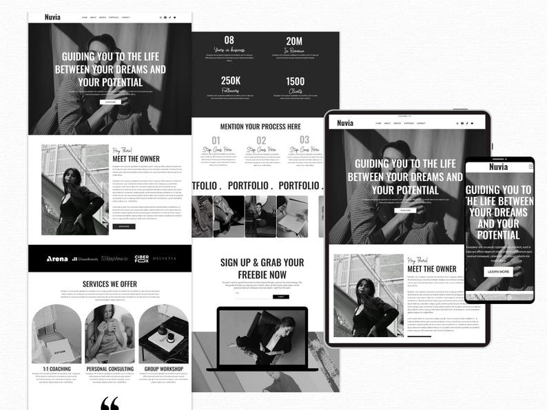 May include: A grayscale image showcasing a website design on various devices. The design features the text "GUIDING YOU TO THE LIFE BETWEEN YOUR DREAMS AND YOUR POTENTIAL." Other elements include portfolio sections, service offerings, and a call to action.