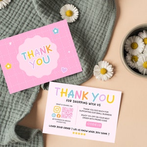 May include: Pink thank you card with colourful text and a QR code. The card says "Thank You" and "Thank You for Shopping with Us". It also includes a discount code: "CODE10".