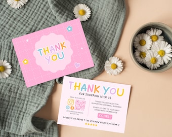 May include: Pink thank you card with colorful text and a QR code. The card says "Thank You" and "Thank You for Shopping with Us". It also includes a discount code: "CODE10".