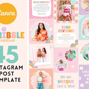 Puede incluir: Una colección de 45 plantillas de publicaciones de Instagram con garabatos coloridos, flores y arcoíris. Las plantillas incluyen texto como "Kind Words", "New Launch Alert", "Kind Reviews", "You Are Unique", "Giveaway" y "Live Life With Intention, Not By Default".