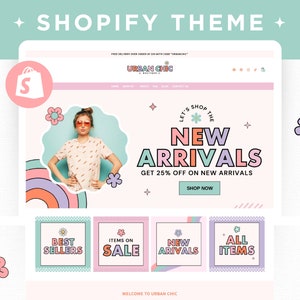 Retro Shopify Theme, Customizable Shopify Banners Canva, Pastel Cute Shopify Template, Colorful Feminine Shopify Website For Boutique Store