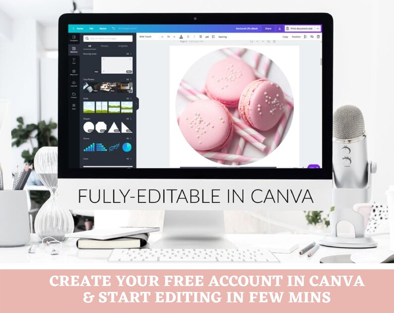 May include: A computer screen displaying a Canva design template with a pink and white macaron on a white background. The text "FULLY-EDITABLE IN CANVA" is displayed below the screen. The text "CREATE YOUR FREE ACCOUNT IN CANVA & START EDITING IN FEW MINS" is displayed below the computer screen.