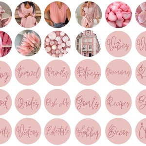 May include: A set of 18 pink and white Instagram story highlight covers with various text overlays. The text includes "Vibes", "Vlogs", "Blog", "Travel", "Family", "Fitness", "Giveaway", "Reels", "Food", "Quotes", "Ask Me", "Goals", "Recipes", "Style", "Beauty", "Videos", "Lifestyle", "Hobby", "Decor", and "New".