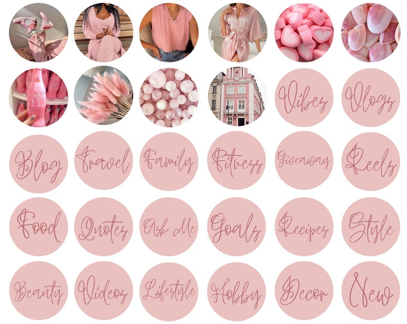 May include: A set of 18 pink and white Instagram story highlight covers with various text overlays. The text includes "Vibes", "Vlogs", "Blog", "Travel", "Family", "Fitness", "Giveaway", "Reels", "Food", "Quotes", "Ask Me", "Goals", "Recipes", "Style", "Beauty", "Videos", "Lifestyle", "Hobby", "Decor", and "New".
